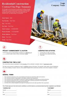 Residential construction contract one page summary presentation report infographic ppt pdf document