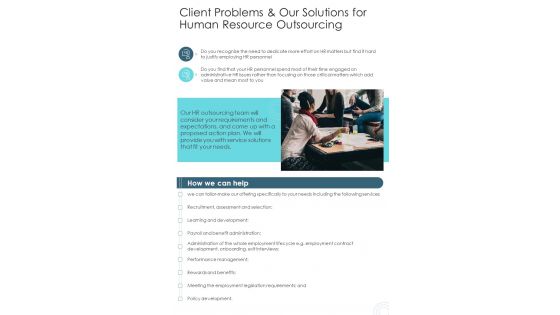 Resource Outsourcing For Client Problems And Our Solutions One Pager Sample Example Document
