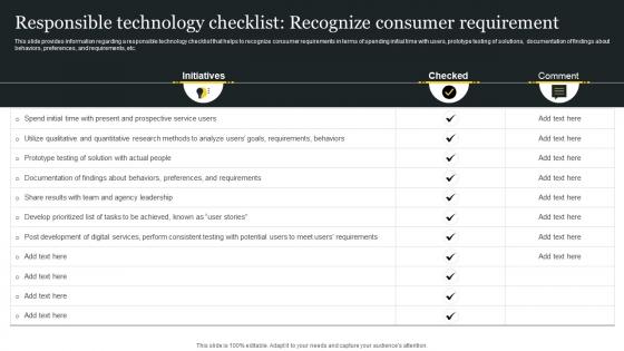 Responsible Tech Playbook To Leverage Responsible Technology Checklist Recognize Consumer