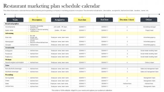 Restaurant Marketing Plan Schedule Calendar