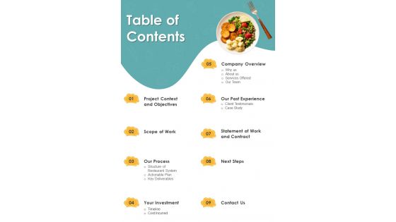 Restaurant POS Proposal Table Of Contents One Pager Sample Example Document