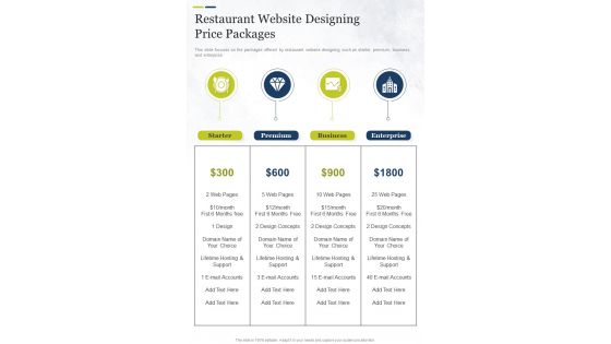 Restaurant Website Designing Price Packages One Pager Sample Example Document
