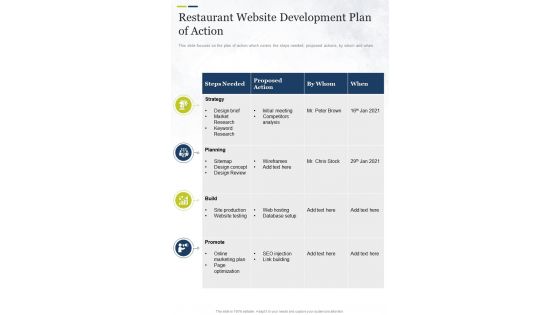 Restaurant Website Development Plan Of Action One Pager Sample Example Document
