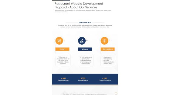 Restaurant Website Development Proposal About Our Services One Pager Sample Example Document