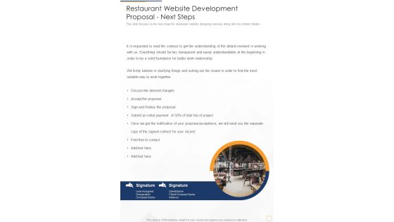 Restaurant Website Development Proposal Next Steps One Pager Sample Example Document