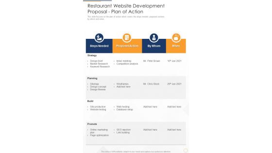 Restaurant Website Development Proposal Plan Of Action One Pager Sample Example Document