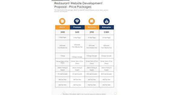 Restaurant Website Development Proposal Price Packages One Pager Sample Example Document