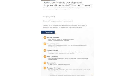 Restaurant Website Development Proposal Statement Of Work And Contract One Pager Sample Example Document