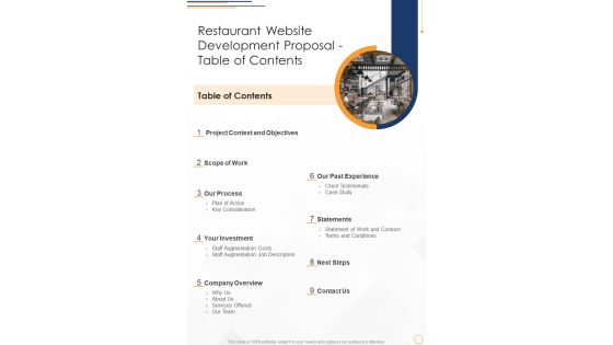 Restaurant Website Development Proposal Table Of Contents One Pager Sample Example Document