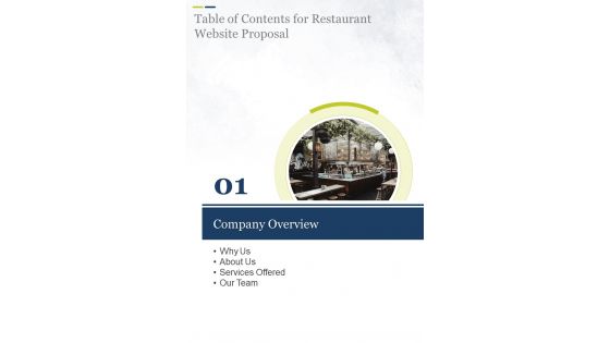 Restaurant Website Proposal For Table Of Contents One Pager Sample Example Document