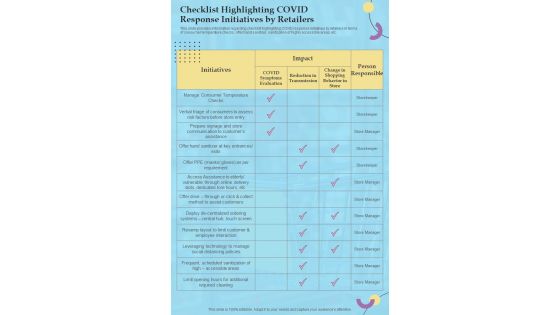 Retail Playbook Checklist Highlighting Covid Response Initiatives One Pager Sample Example Document
