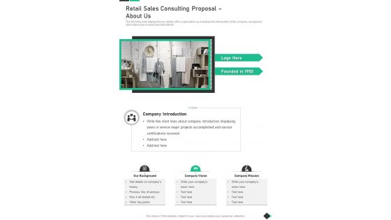 Retail Sales Consulting Proposal About Us One Pager Sample Example Document