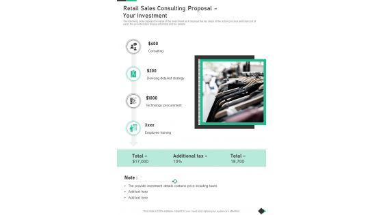 Retail Sales Consulting Proposal Your Investment One Pager Sample Example Document
