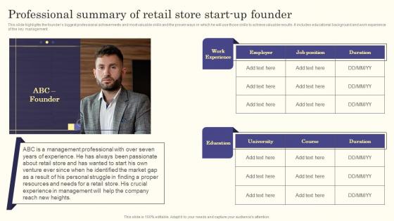 Retail Store Business Plan Professional Summary Of Retail Store Start Up Founder BP SS