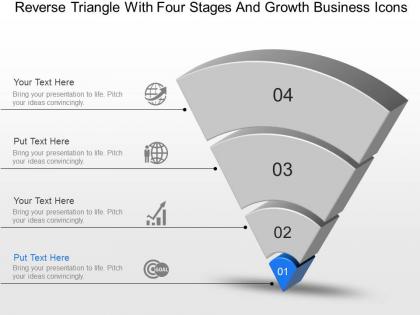 Reverse triangle with four stages and growth business icons powerpoint template slide