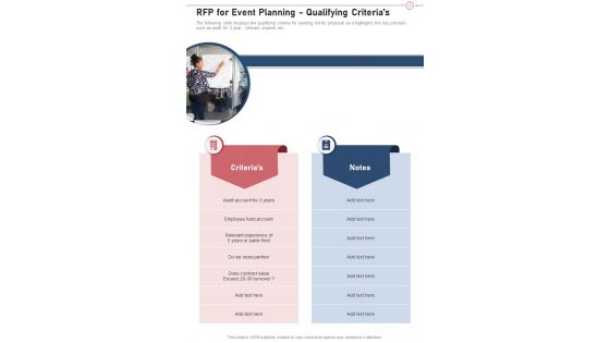 Rfp For Event Planning Qualifying Criterias One Pager Sample Example Document