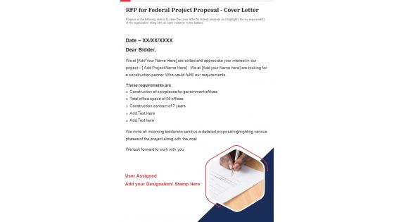 RFP For Federal Project Proposal Cover Letter One Pager Sample Example Document