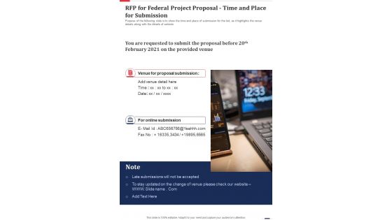 RFP For Federal Project Proposal Time And Place For Submission One Pager Sample Example Document