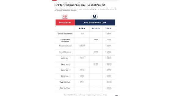 RFP For Federal Proposal Cost Of Project One Pager Sample Example Document