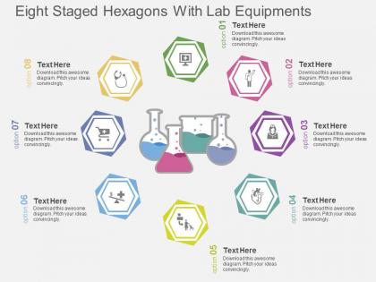 Ri eight staged hexagons with lab equipments flat powerpoint design