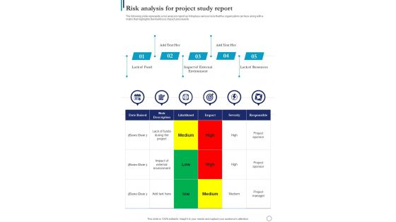 Risk Analysis For Project Study Report One Pager Sample Example Document