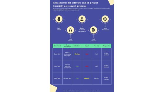 Risk Analysis For Software And IT Project Feasibility Assessment Proposal One Pager Sample Example Document