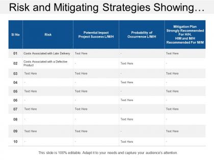 Risk and mitigating strategies showing potential risk impact with mitigation plan