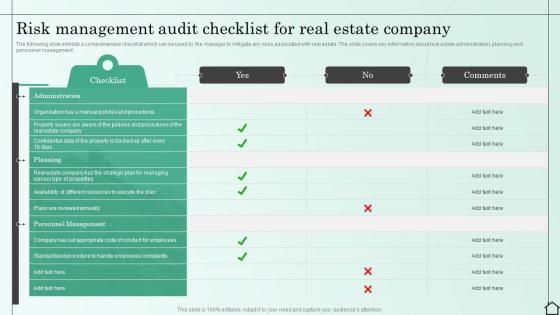 Risk Management Audit Checklist For Real Estate Company Managing Various Risks