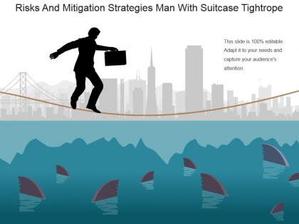Risks and mitigation strategies man with suitcase tightrope powerpoint slide template