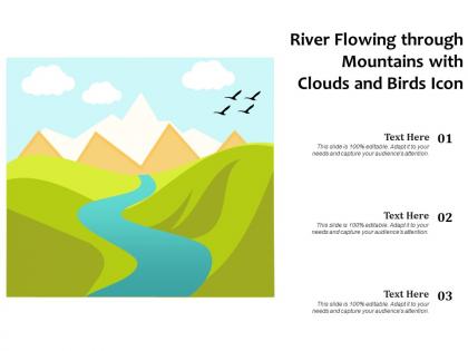 River flowing through mountains with clouds and birds icon