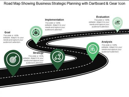 Road map showing business strategic planning with dartboard and gear icon