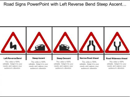 Road signs powerpoint with left reverse bend steep ascent descent narrow and wideness roads ahead