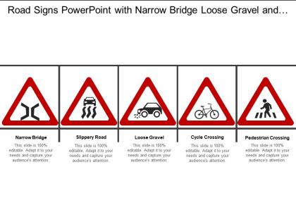 Road signs powerpoint with narrow bridge loose gravel and cycle crossing