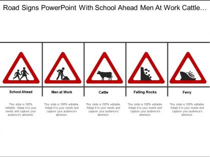 Road signs powerpoint with school ahead men at work cattle falling rocks and ferry signs boards