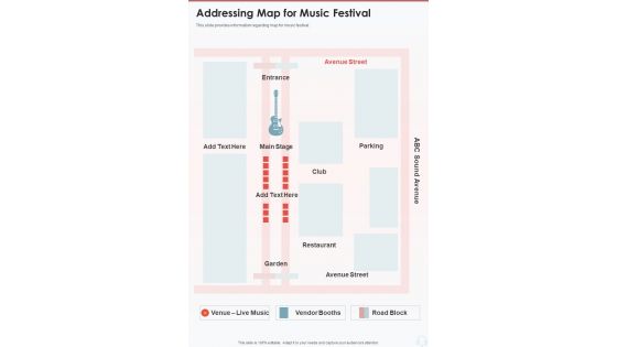 Rock Concert Investment Addressing Map For Music Festival One Pager Sample Example Document