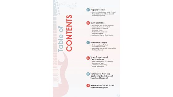 Rock Concert Investment Table Of Contents One Pager Sample Example Document