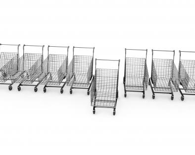 Row of shopping carts with one cart standing ahead stock photo