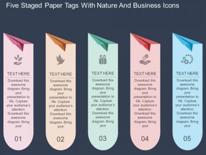 Rq five staged paper tags with nature and business icons flat powerpoint design