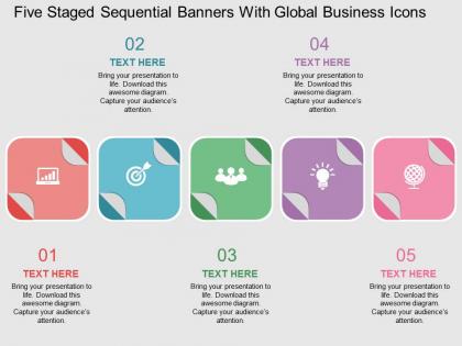 Rt five staged sequential banners with global business icons flat powerpoint design
