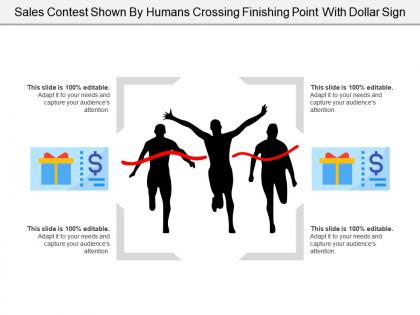 Sales contest shown by humans crossing finishing point with dollar