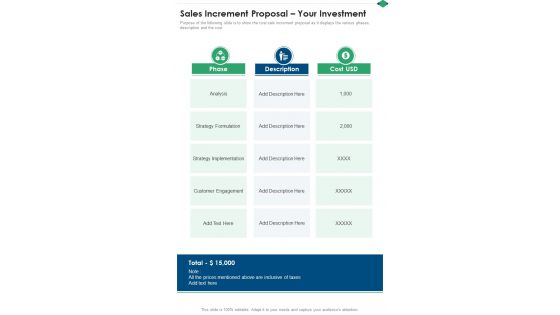 Sales Increment Proposal Your Investment One Pager Sample Example Document