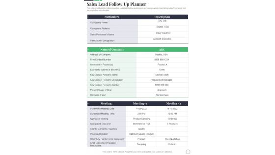 Sales Lead Follow Up Planner Sales Playbook Template One Pager Sample Example Document