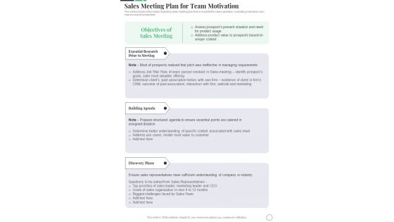 Sales Meeting Plan For Team Motivation Sales Playbook Template One Pager Sample Example Document