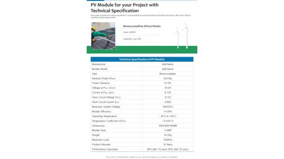 Sales Proposal For Solar Energy PV Module For Your Project One Pager Sample Example Document