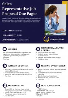 Sales representative job proposal one pager presentation report infographic ppt pdf document