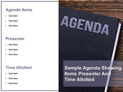 Sample agenda showing items presenter and time allotted