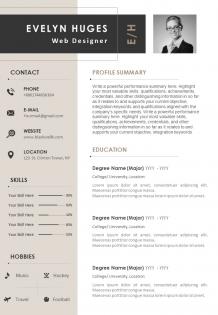 Sample curriculum vitae template with profile summary and contact details