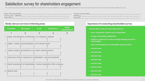 Satisfaction Survey For Shareholders Engagement Shareholder Engagement Strategy