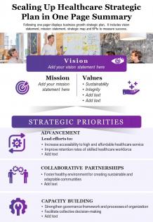 Scaling up healthcare strategic plan in one page summary presentation report infographic ppt pdf document