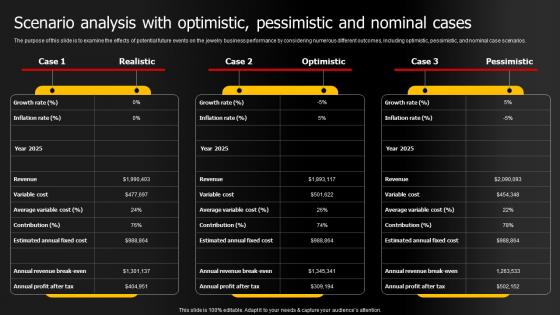 Scenario Analysis With Optimistic Pessimistic Jewelry Products Business Plan BP SS